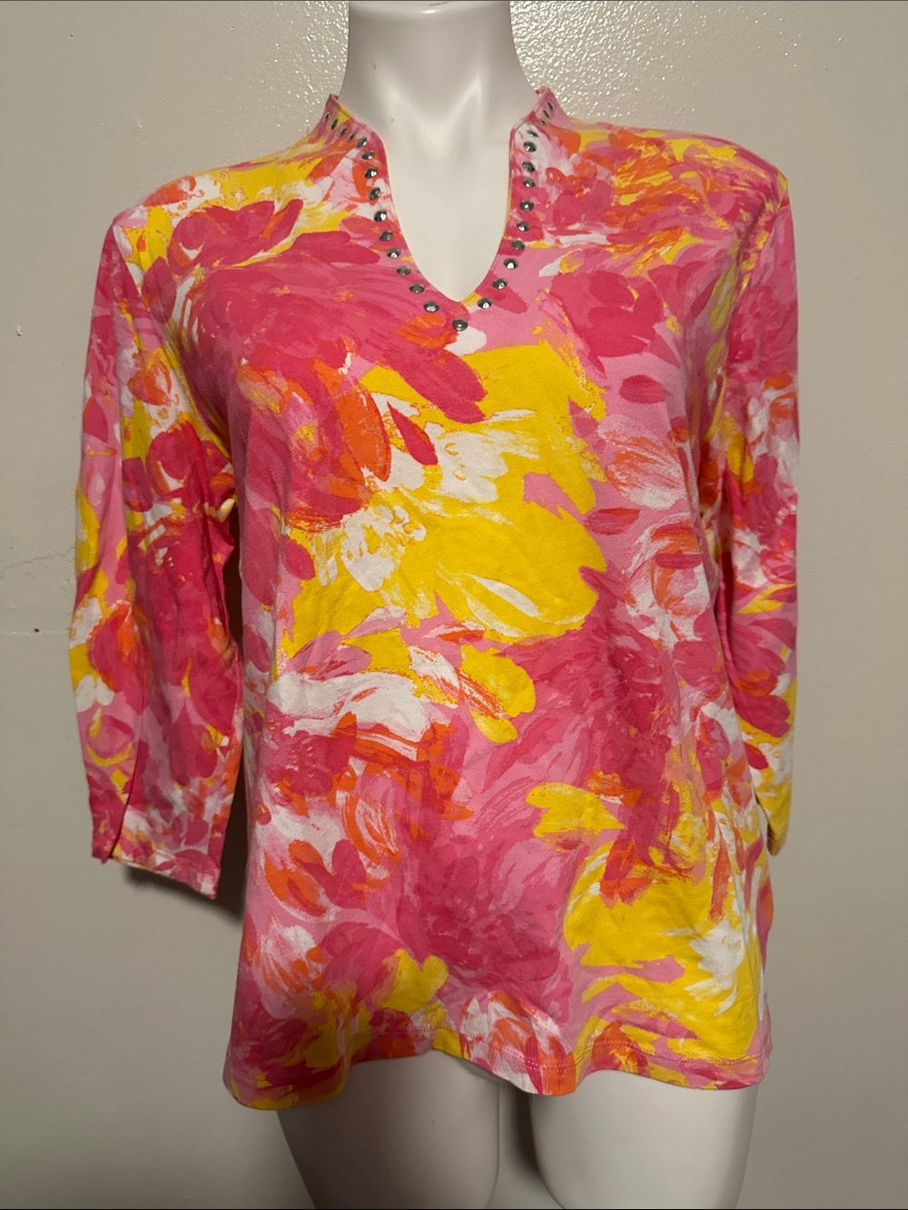 Ruby Rd. Pink & Yellow Floral V-Notch Tunic